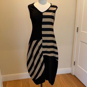 JS Clarin Shavien Sleeveless Black and Beige Striped Midi Dress